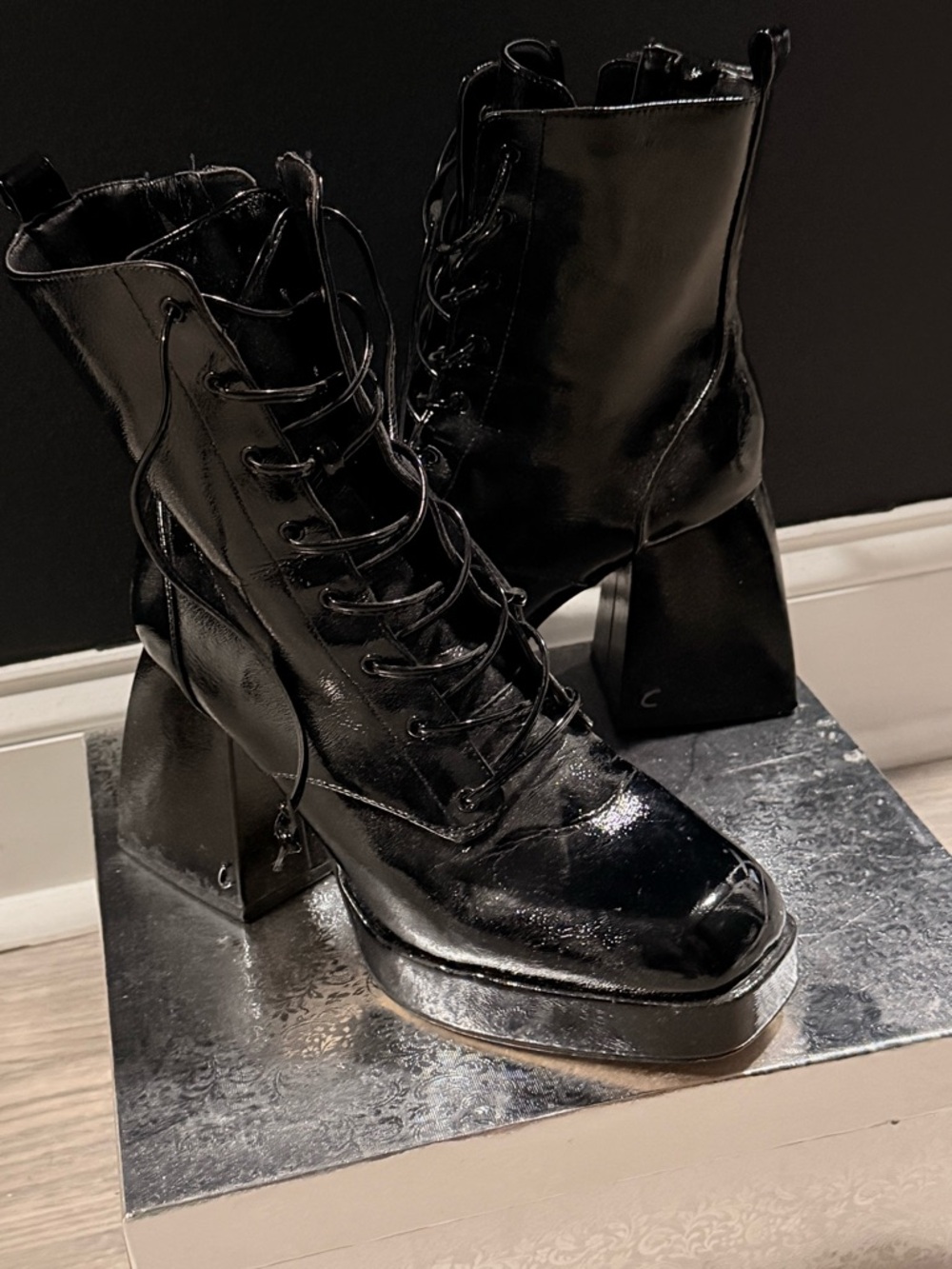 Patent Black Lace-Up Platform Ankle Booties